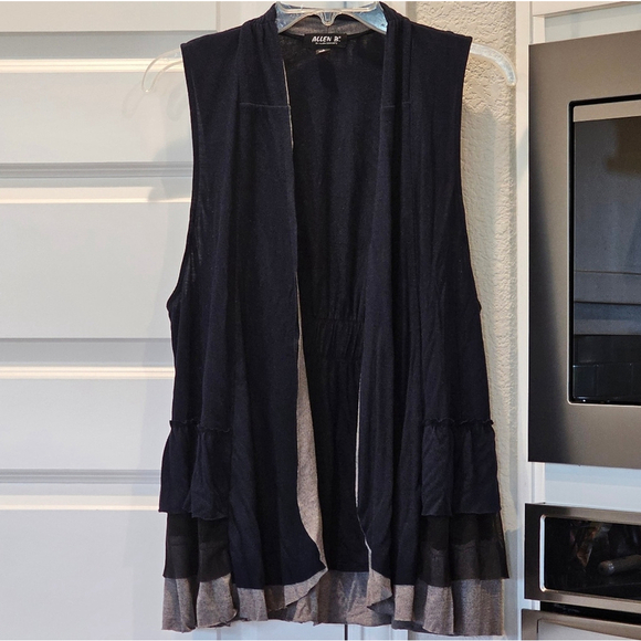 Allen B Navy And Gray Open-Front Vest With Ruffle Back Size L - Picture 3 of 10